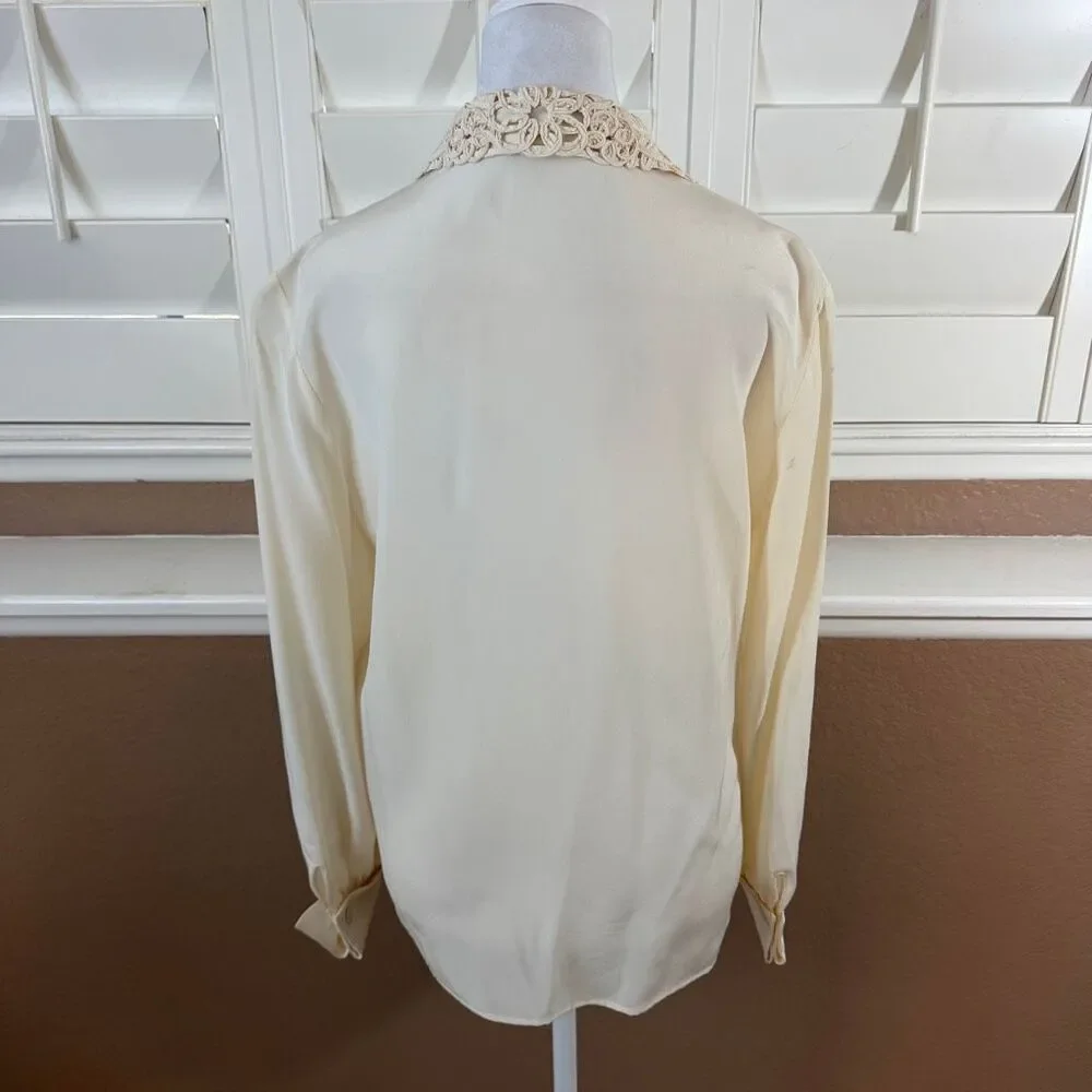 Vintage Valentino Miss V Ivory Silk Blouse Crochet Lace Collar Sz M Romantic 90s